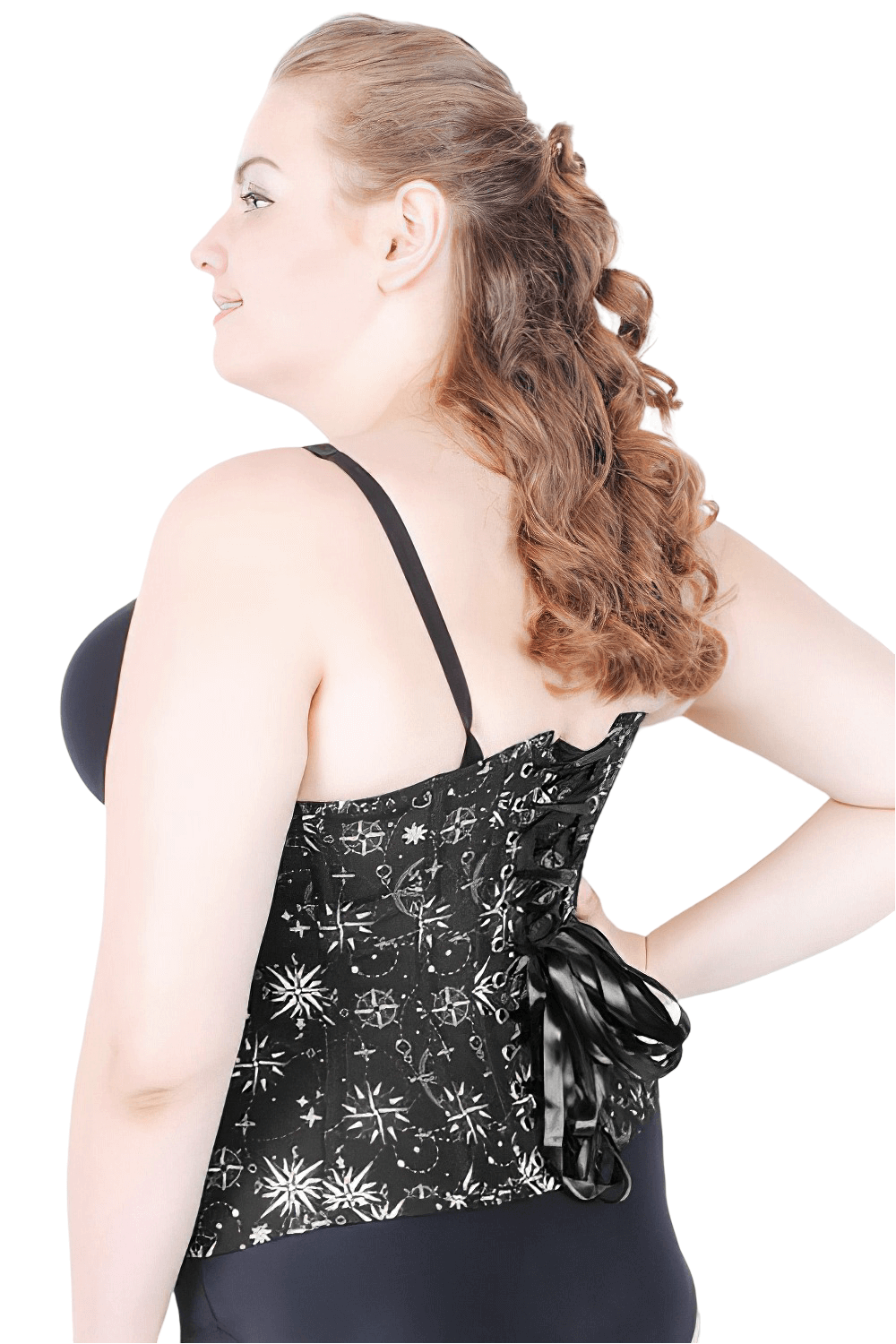 Curvy model showcasing a steampunk nautical print corset with elegant back lacing and a structured silhouette.