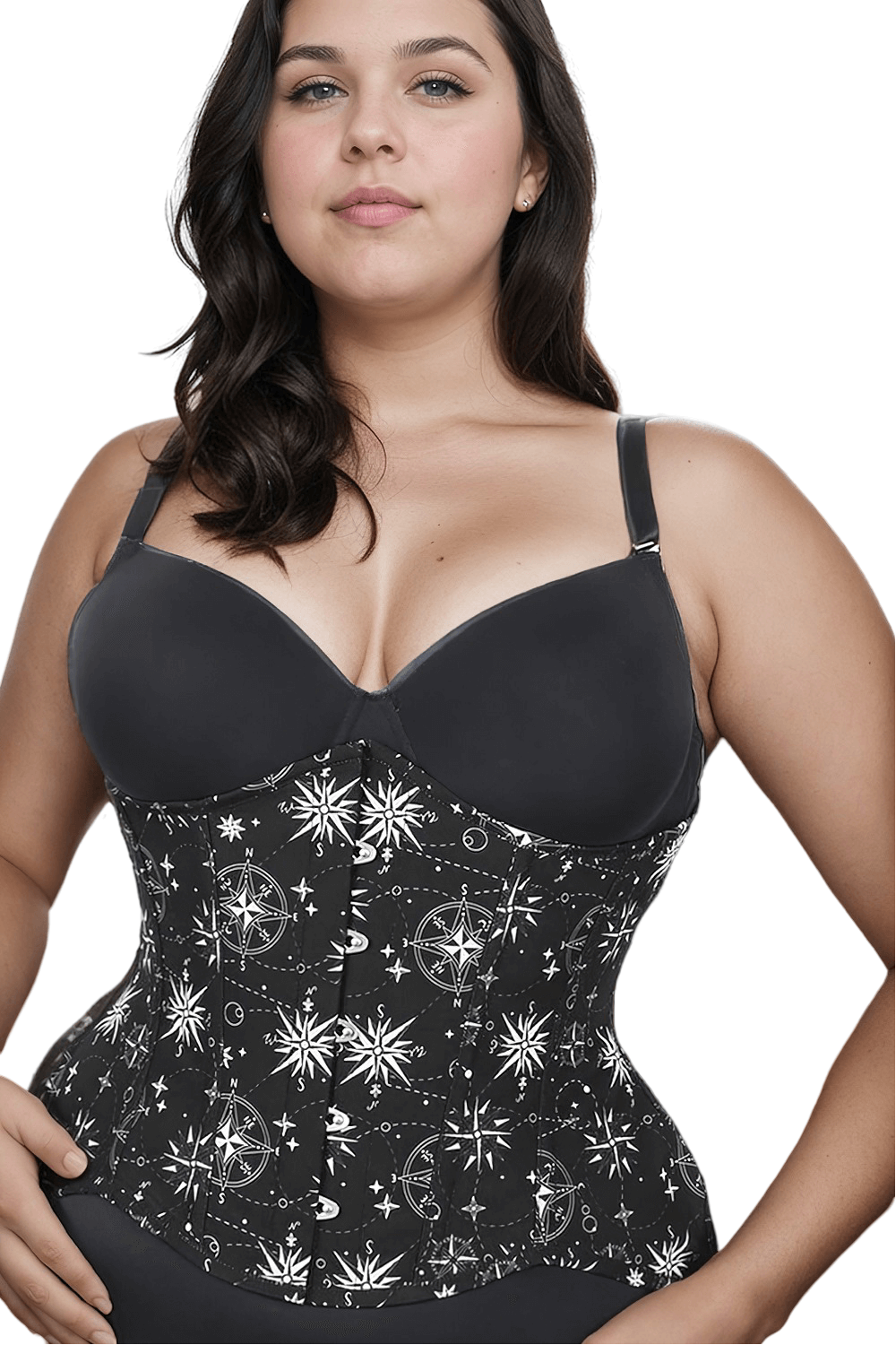 Curvy model wearing a steampunk nautical print corset with star patterns, highlighting its structured silhouette and stylish design.