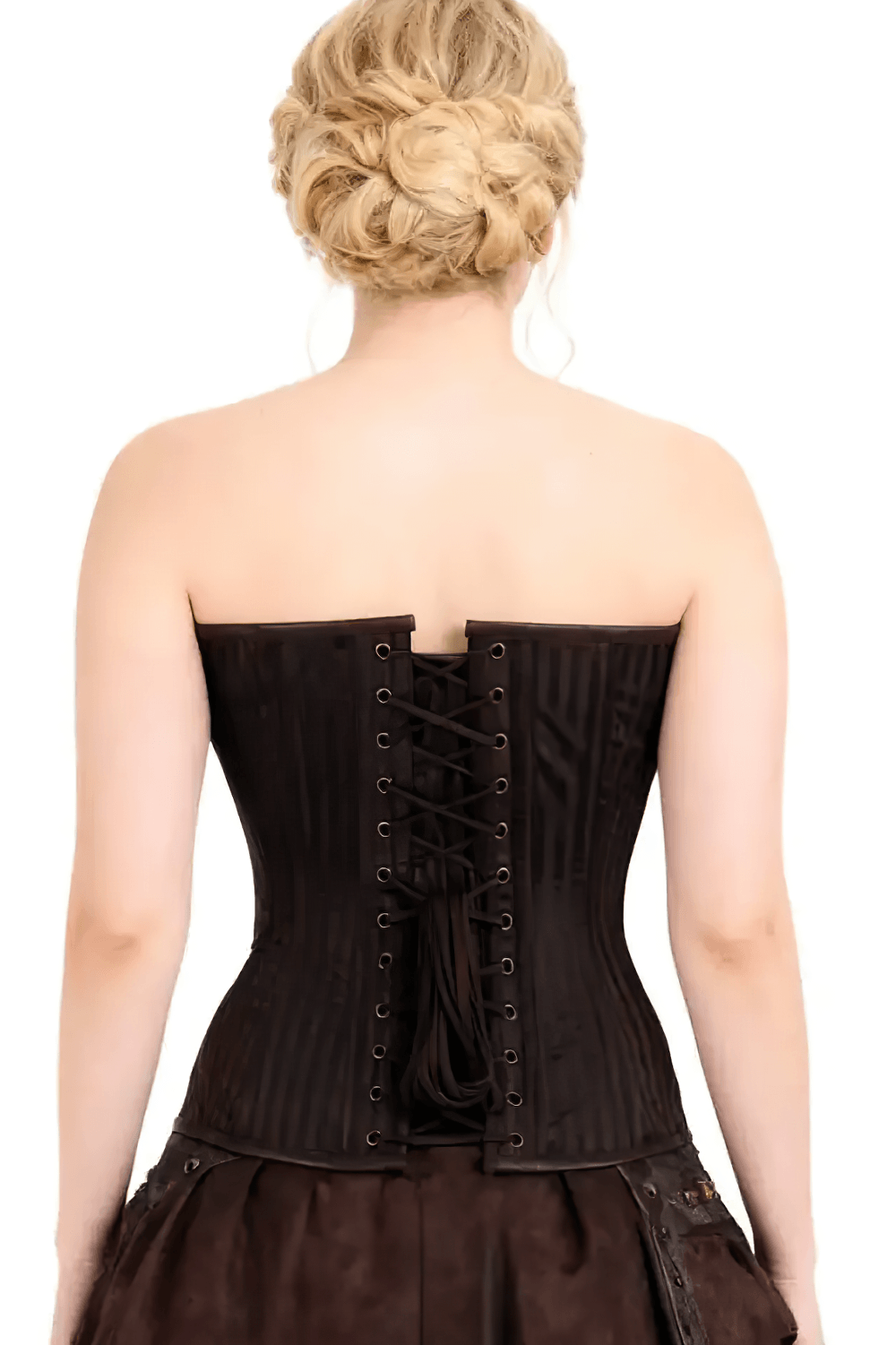 Steampunk Overbust Corset with Antique Clasp Detailing, back view with lace-up fit and chocolate brown brocade flair