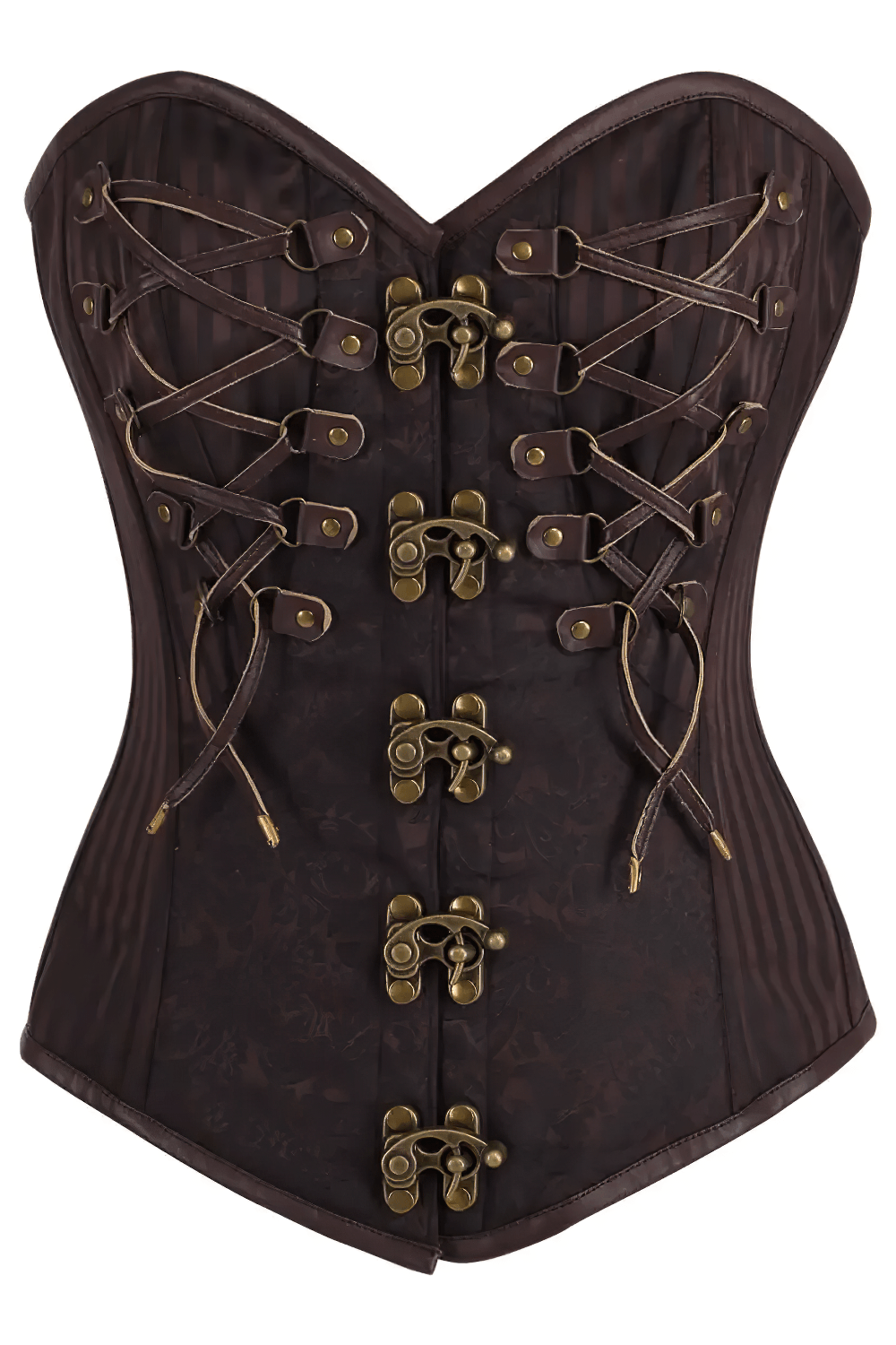 Steampunk Overbust Corset with Antique Clasp Detailing, chocolate brown brocade with gold toggle fastenings