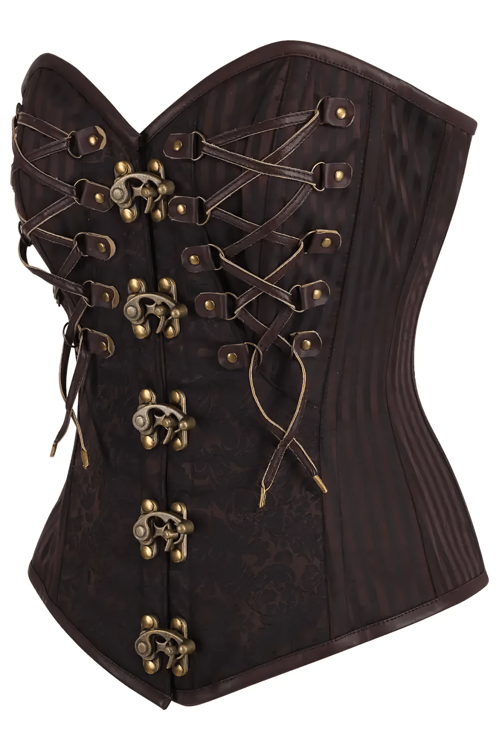 Steampunk Overbust Corset with Antique Clasp Detailing in dark coffee, with gold toggle fastenings and brocade texture