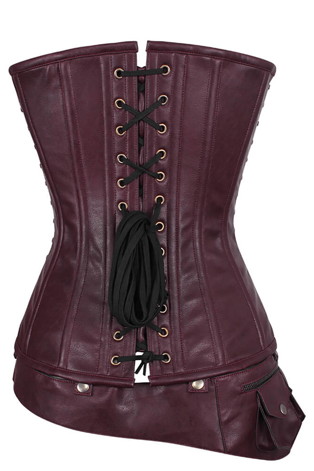 Alt Tag: Steampunk Overbust Corset With Belt and Lacing burgundy gothic corset with front lacing, metal clasps, and pouch belt