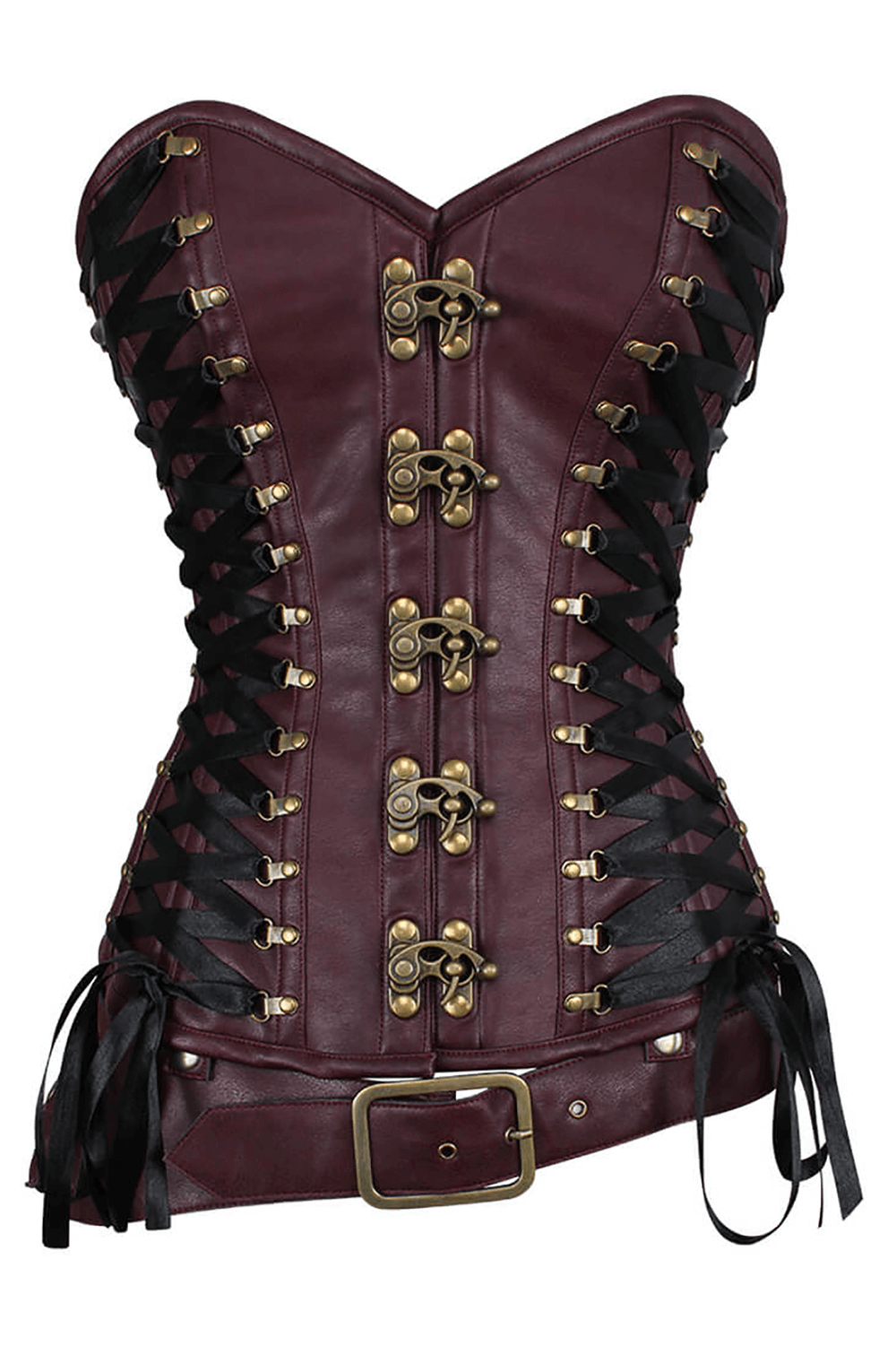 Alt Tag: Steampunk Overbust Corset With Belt and Lacing burgundy gothic corset with metal clasp front, side ribbon lacing and pouch belt