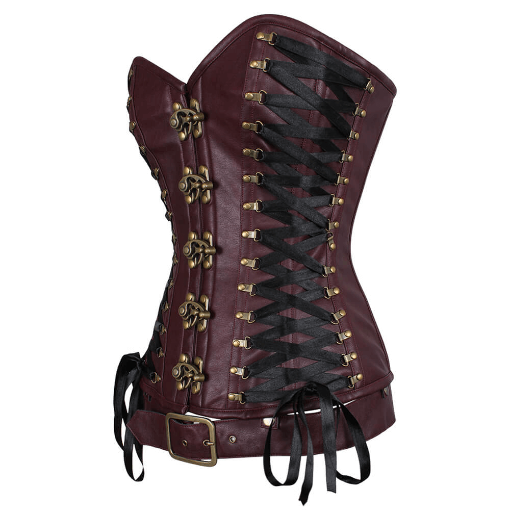 Alt Tag: Steampunk Overbust Corset With Belt and Lacing burgundy gothic corset with metal clasps, black ribbon lacing, detachable belt