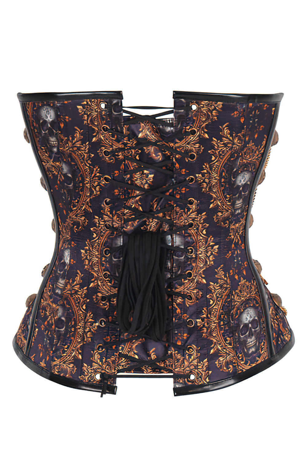 Steampunk overbust corset in deep purple with gold skull print and bronze chains, featuring adjustable lacing.