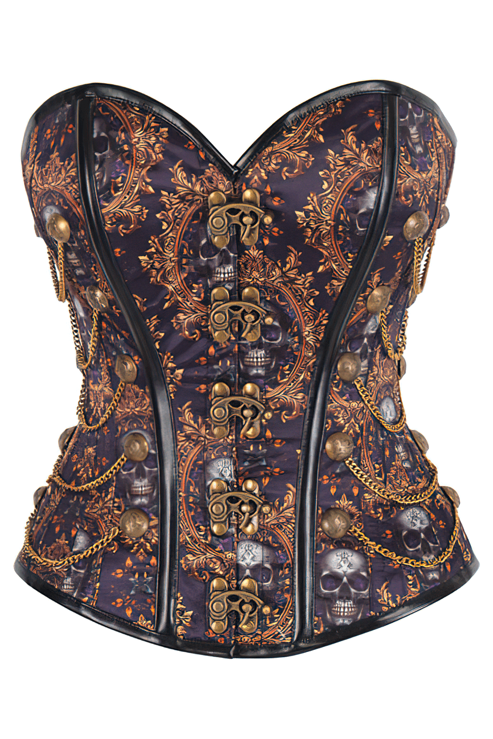 Gothic Steampunk Overbust Corset with skull print, bronze chains, and purple fabric for cosplay and fashion.