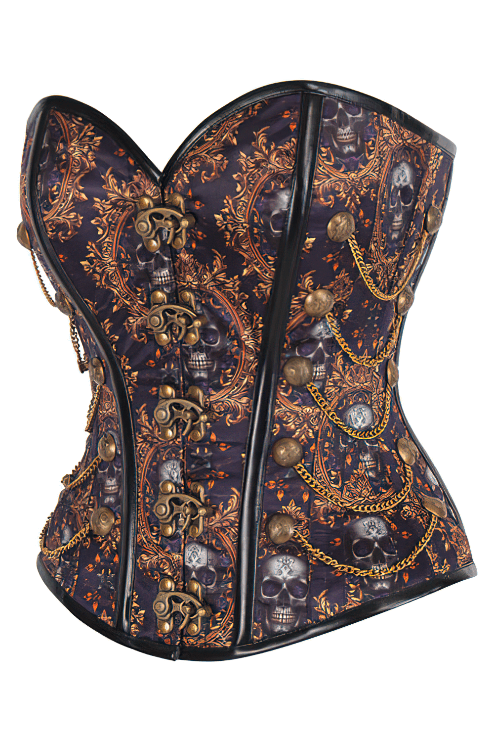Steampunk overbust corset with skull print and bronze chains, perfect for gothic and cosplay fashion.