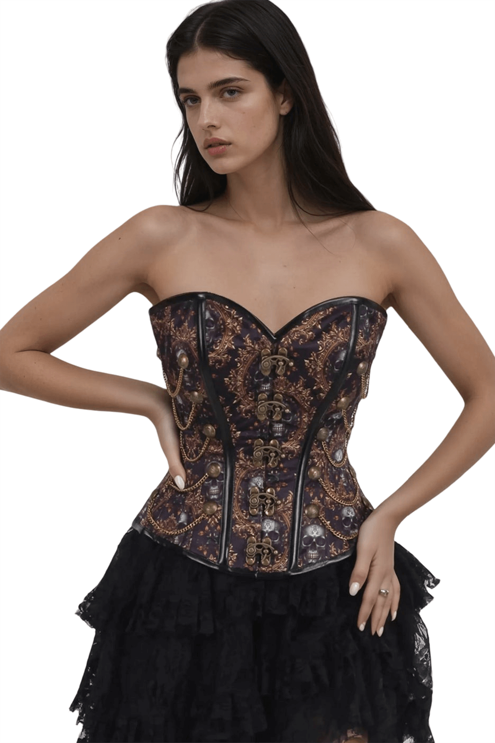 Steampunk overbust corset with bronze chains and skull print, perfect for gothic fashion and cosplay.