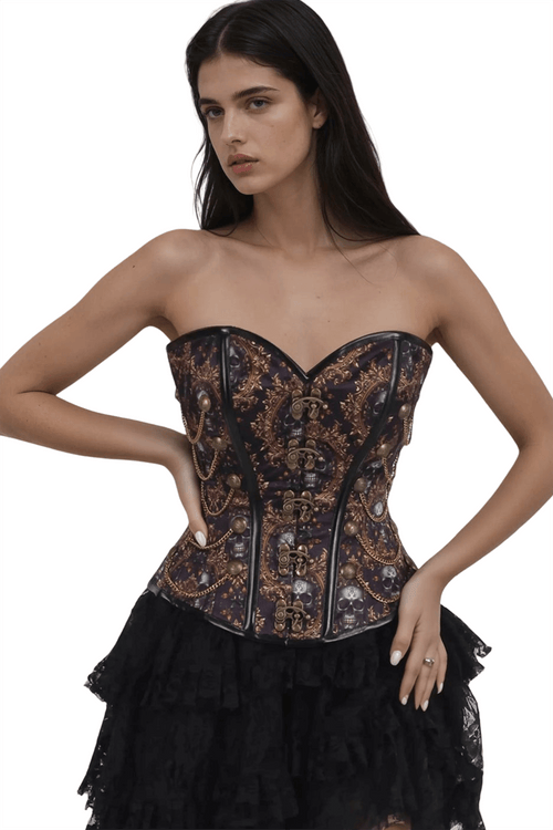 Steampunk-Überbrustkorsett mit Totenkopfketten und Verschlüssen