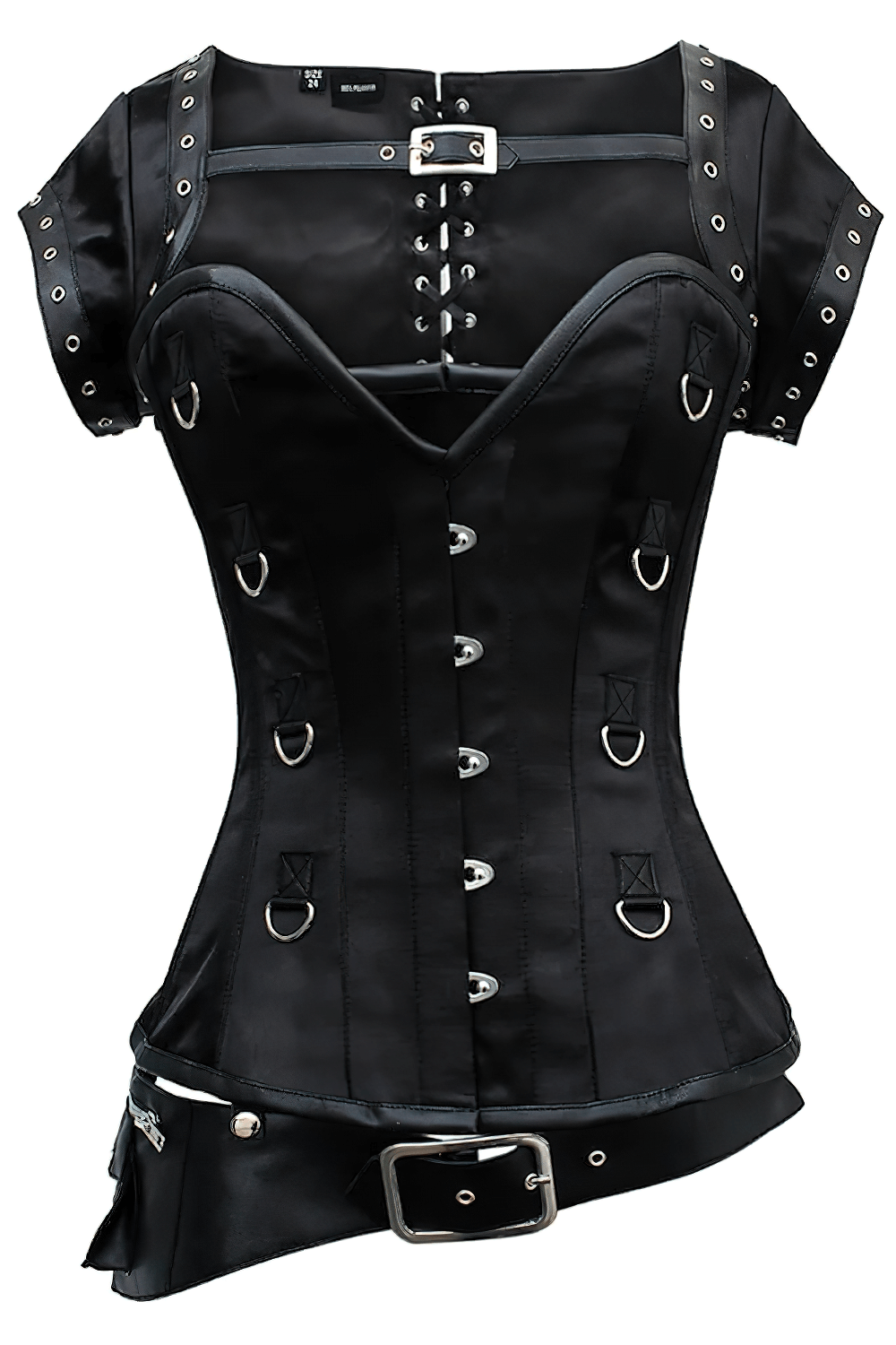 Alt Tag: Steampunk Overbust Corset With Detachable Utility Belt black satin steel-boned corset with D-ring accents and removable belt