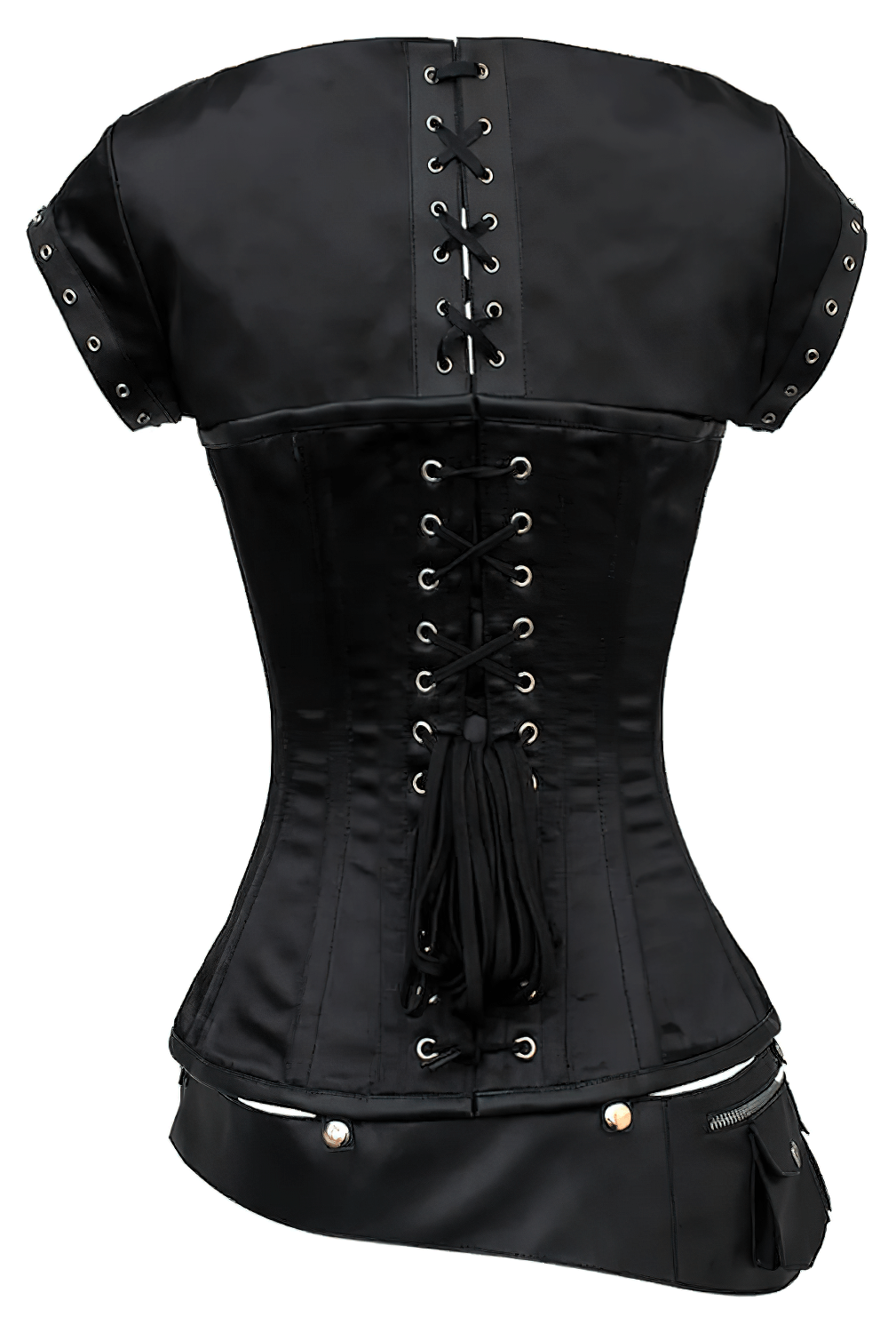 Alt Tag: Steampunk Overbust Corset With Detachable Utility Belt black satin overbust corset back view with lace-up detail