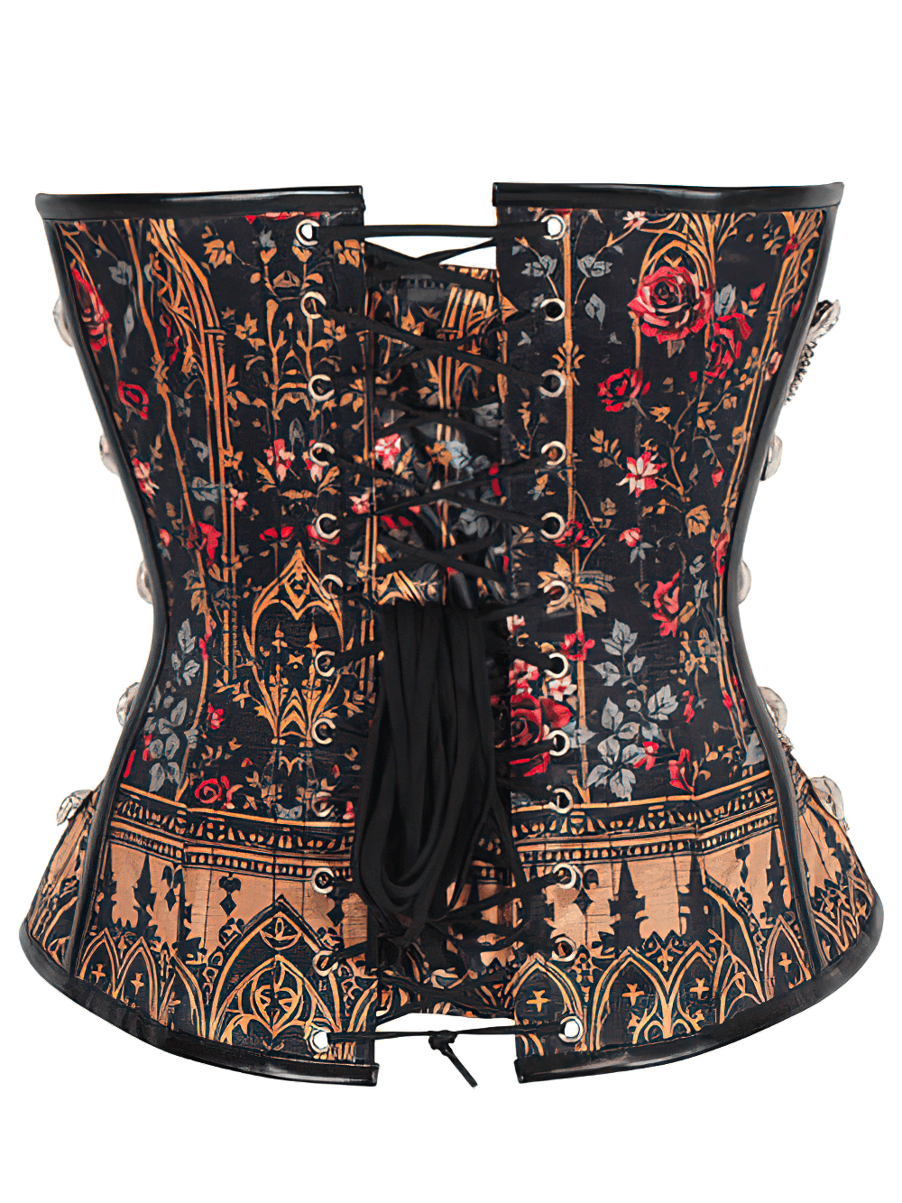 Steampunk Overbust Corset with Gothic cathedral design and red roses, showcasing adjustable back lacing for a perfect fit.