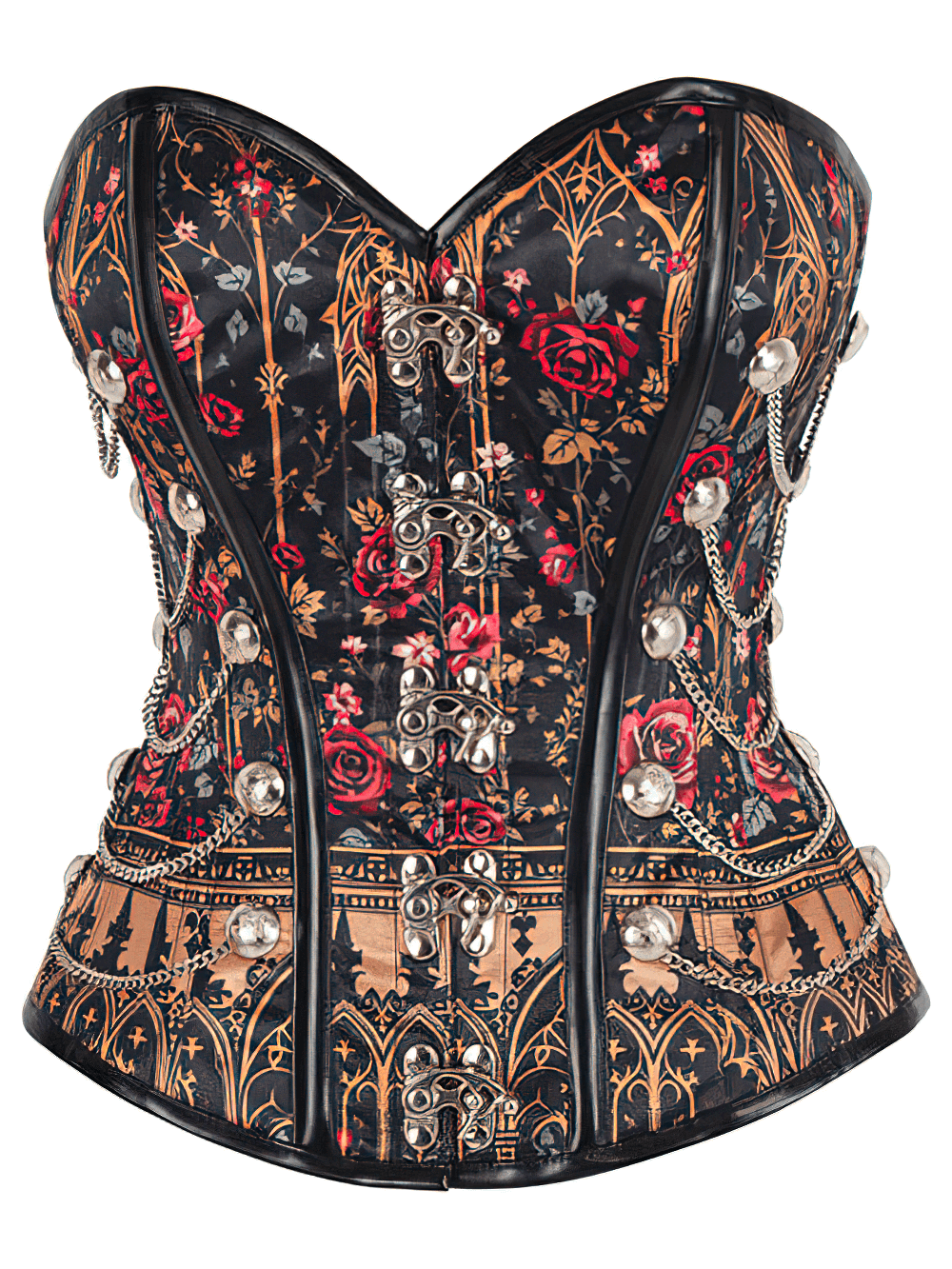 Steampunk overbust corset with gothic cathedral design featuring red roses and metal details.
