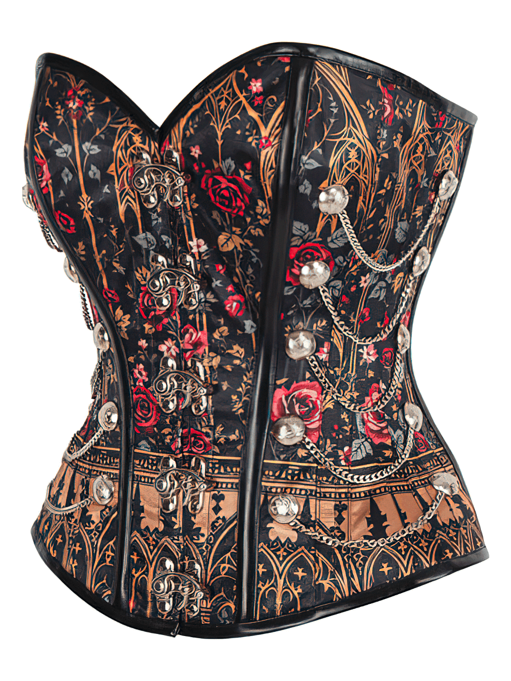 Steampunk overbust corset with gothic roses and cathedral design, perfect for alternative fashion and cosplay.