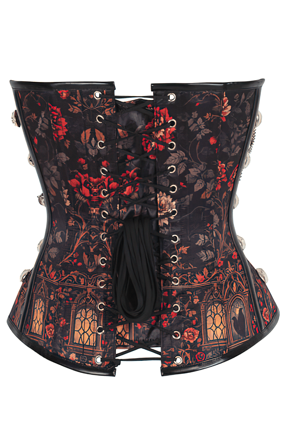 Back view of a steampunk overbust corset featuring gothic roses and raven print, with adjustable lacing.