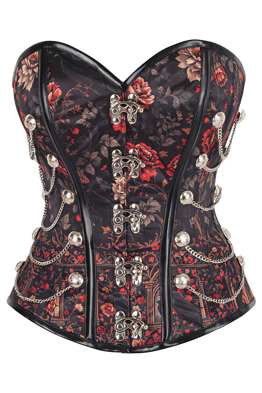 Steampunk overbust corset featuring gothic rose and raven print, elegant black satin with silver embellishments.