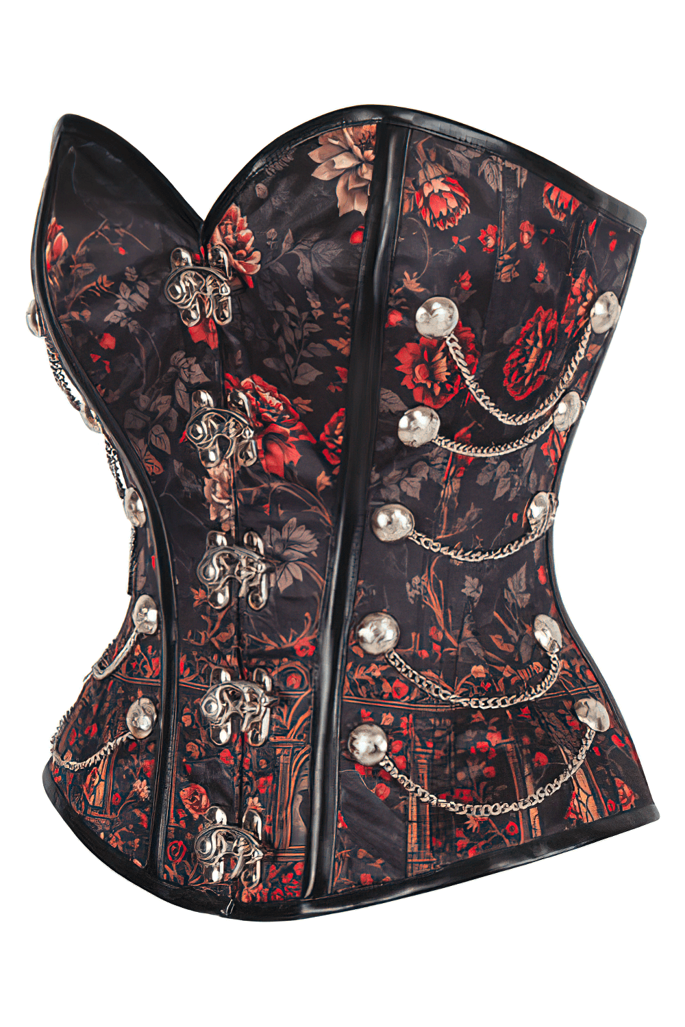 Steampunk overbust corset featuring Gothic rose and raven print, elegant black satin with metallic embellishments.