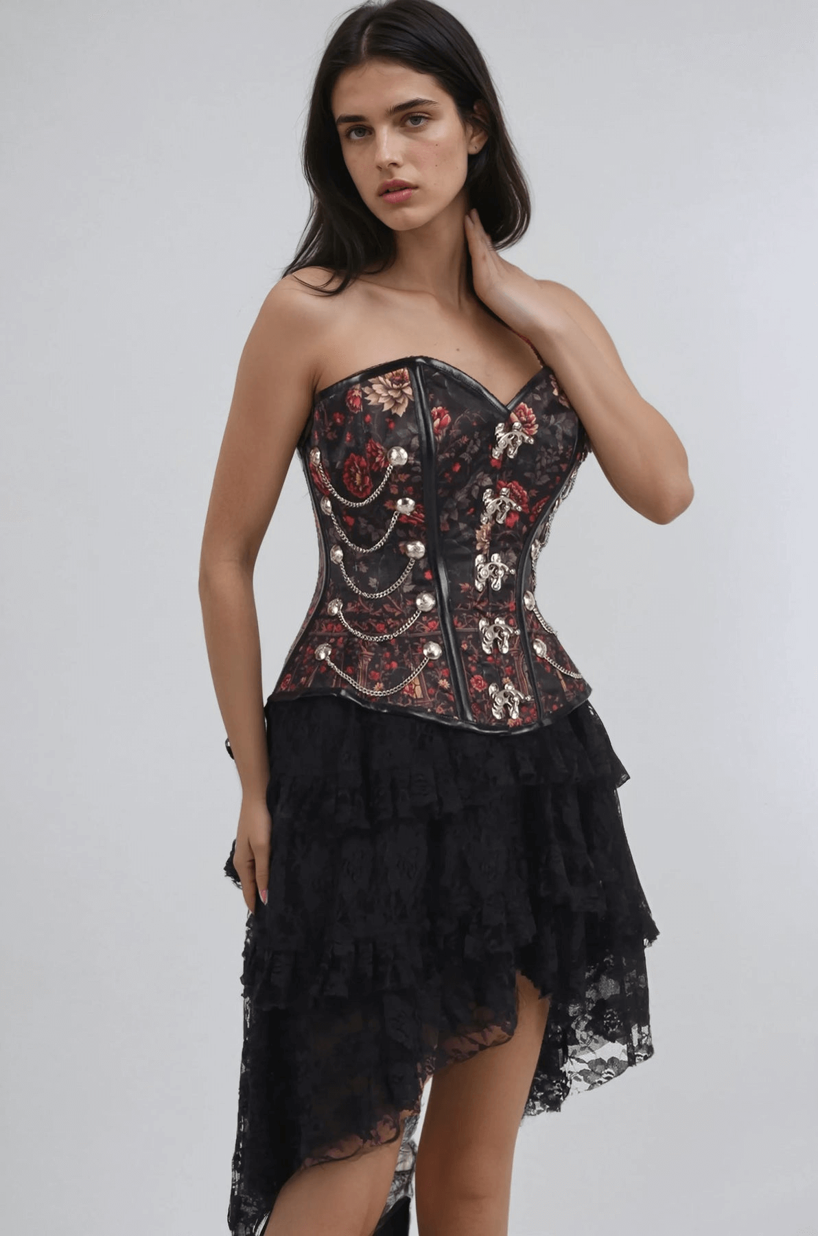 Steampunk overbust corset with gothic rose and raven print in black satin, perfect for cosplay and gothic fashion.