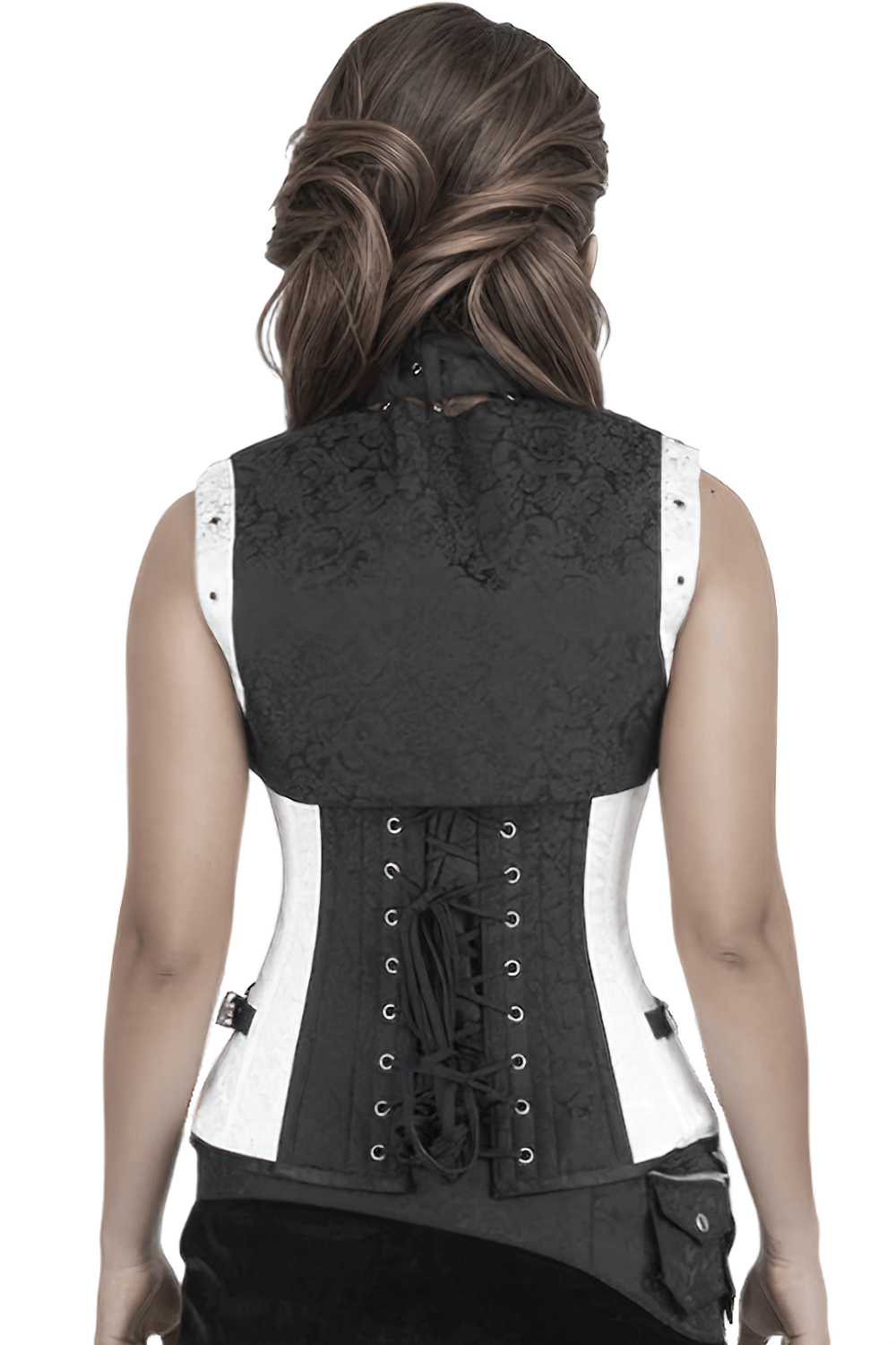 Back view of a steampunk overbust corset with lace-up detail and contrast fabric, embodying gothic elegance.