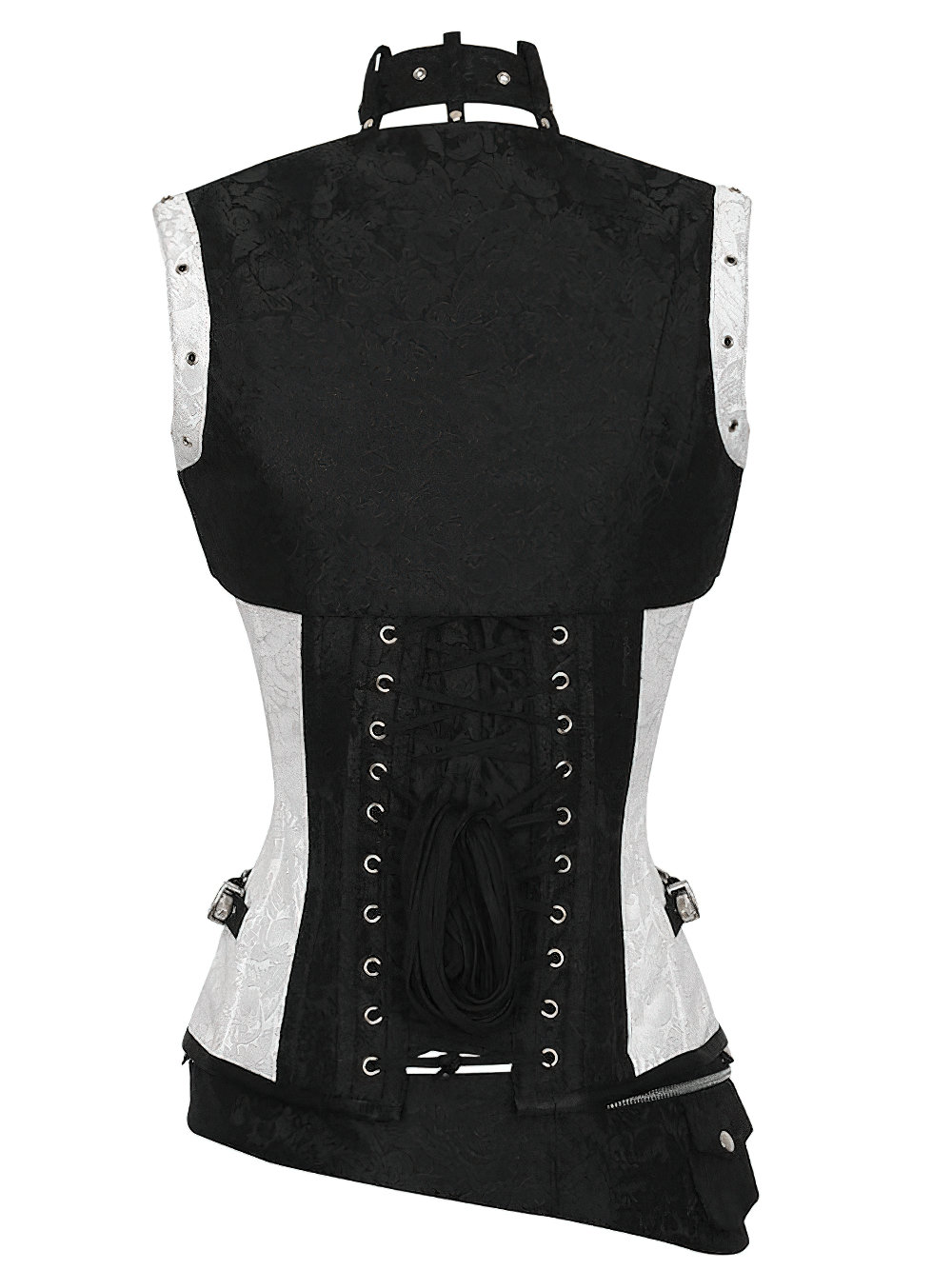 Back view of a steampunk overbust corset with lace-up details and contrasting black and white fabric.