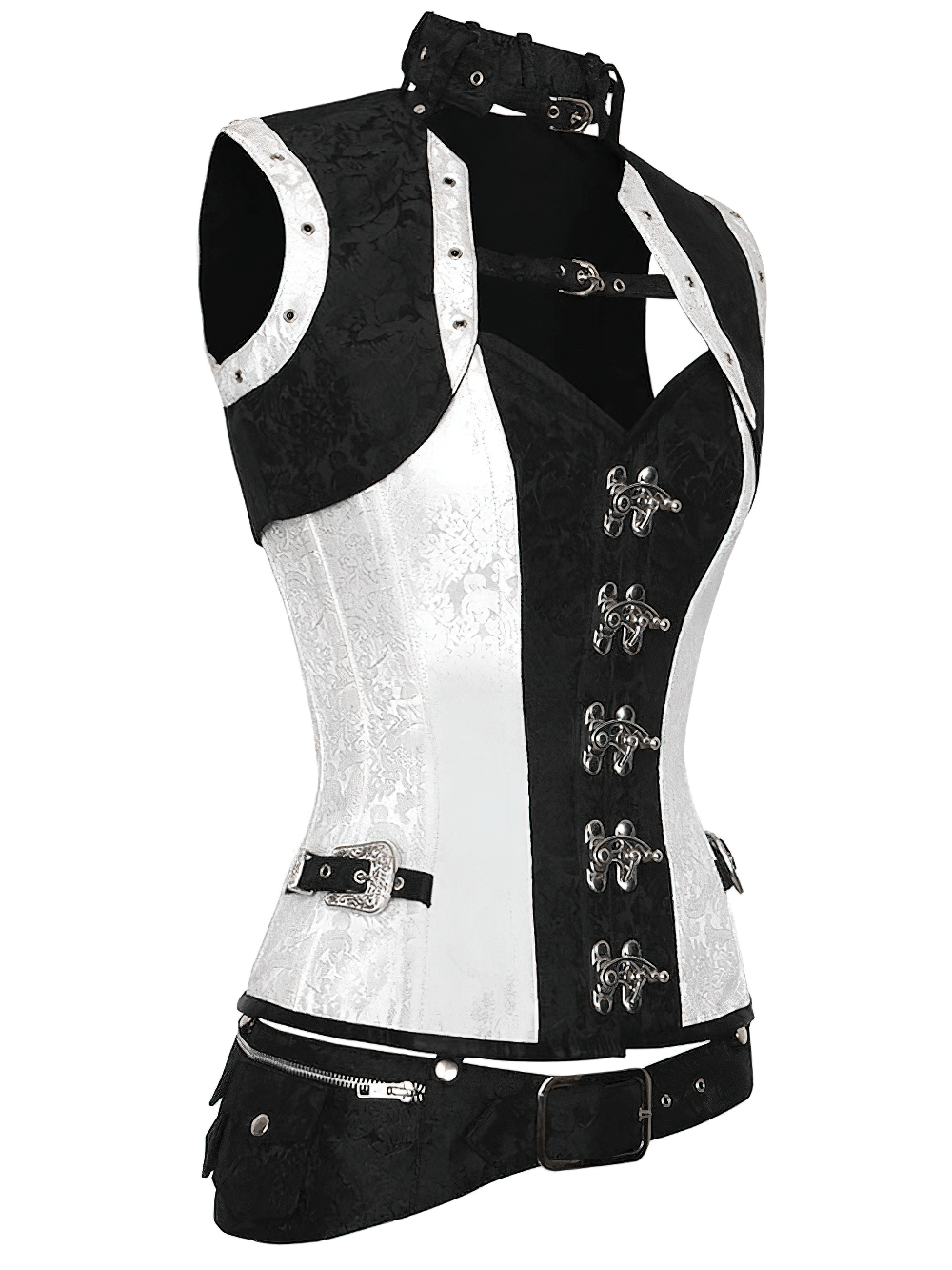 Steampunk overbust corset with metal clasp, lace-up back, and buckle details in black and white.