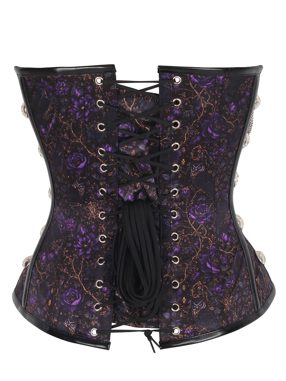 Steampunk overbust corset featuring purple roses and intricate lacing, perfect for gothic and cosplay fashion.