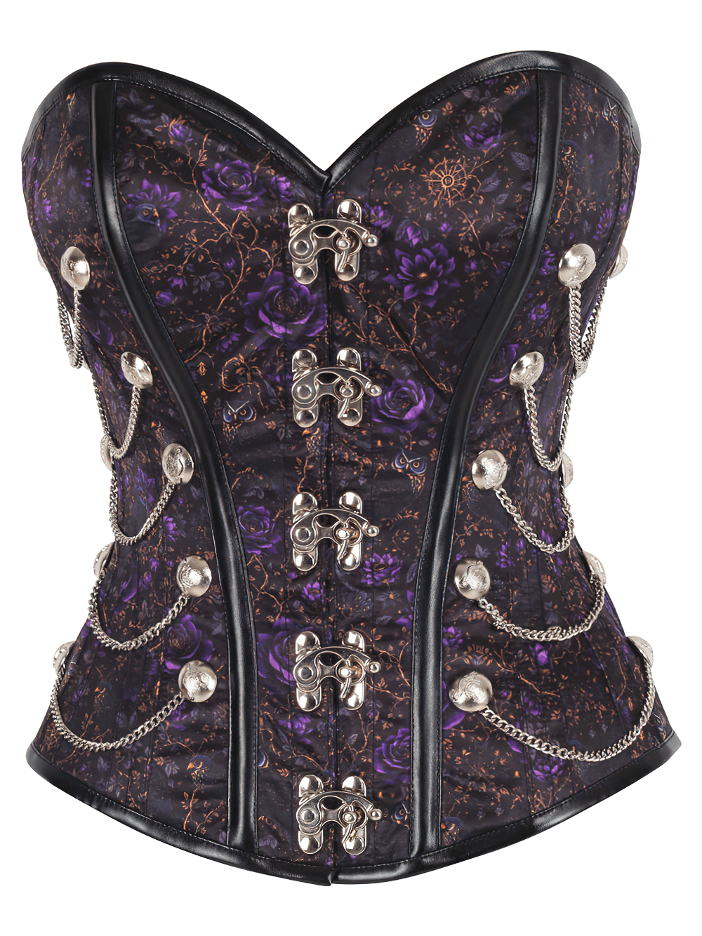 Gothic steampunk overbust corset with purple roses, chains, and silver details for cosplay and alternative fashion.