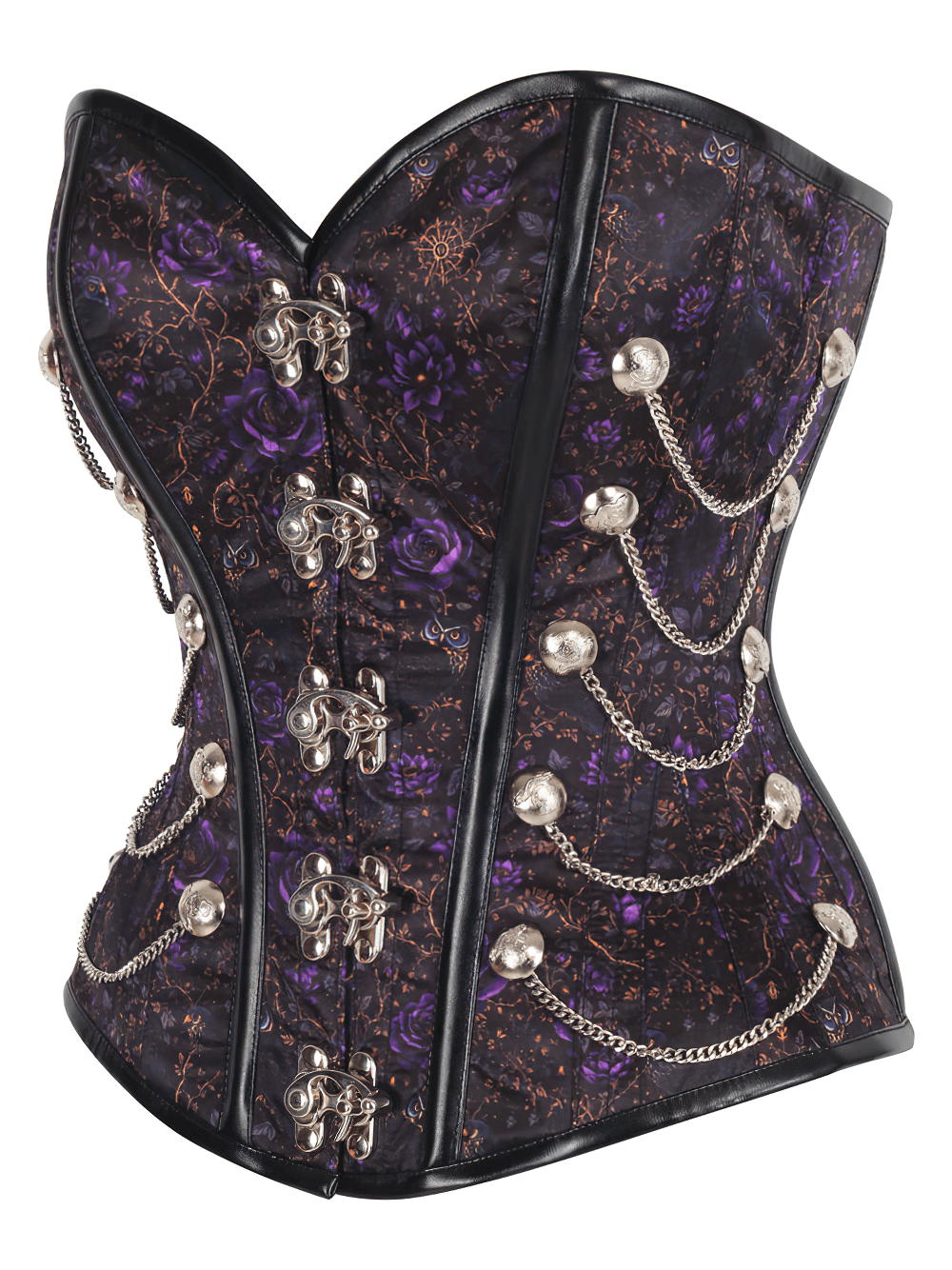 Steampunk overbust corset showcasing purple roses and silver chains, perfect for gothic and cosplay fashion.