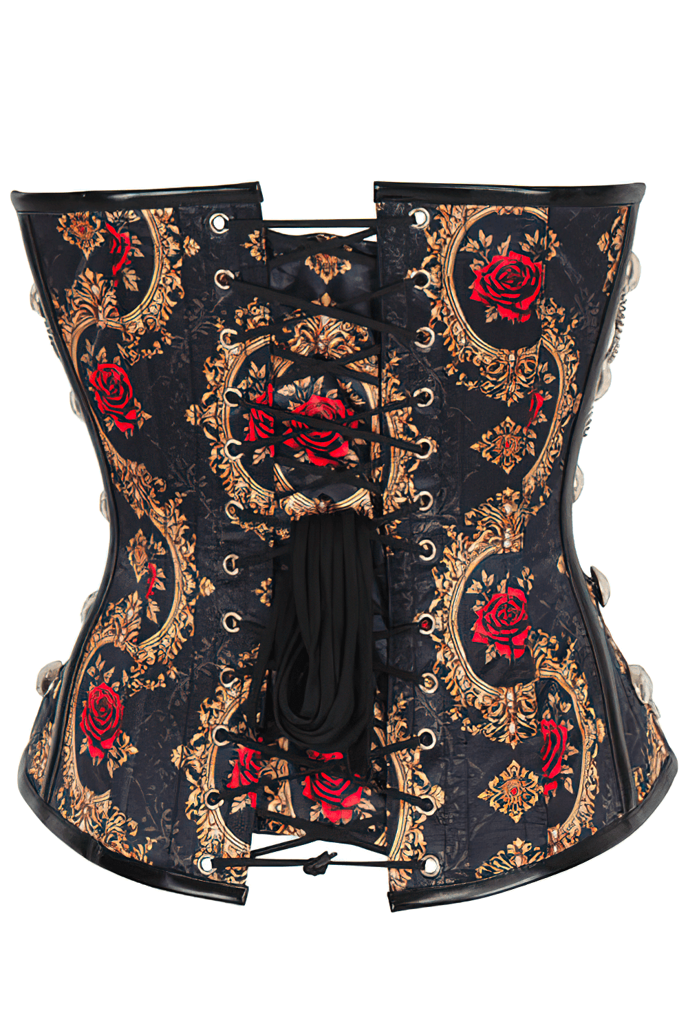 Steampunk overbust corset with red roses, gold chains, black fabric, and adjustable lacing for a perfect gothic fit.