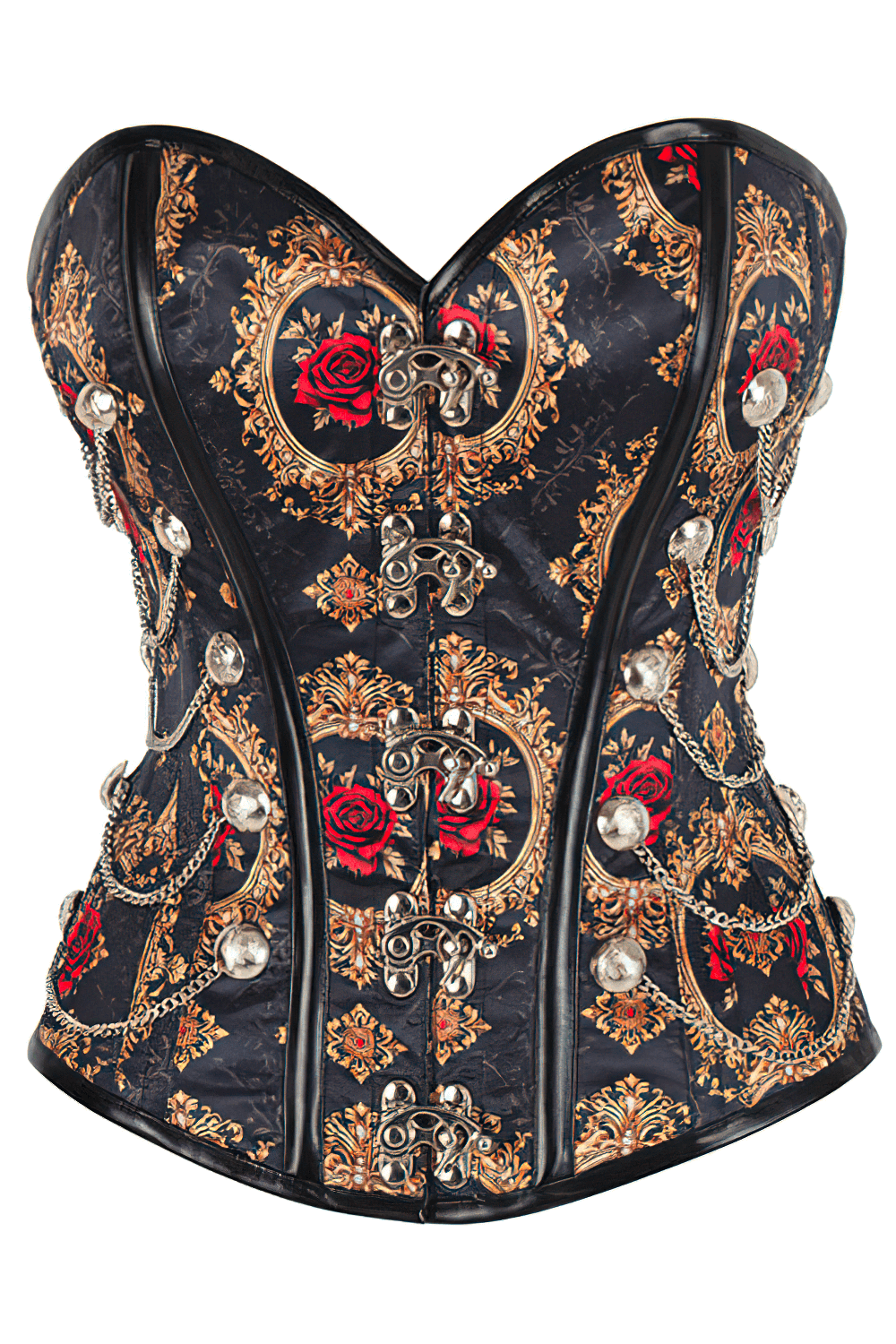 Steampunk Overbust Corset with red roses and gold chains, perfect for gothic and cosplay styles.