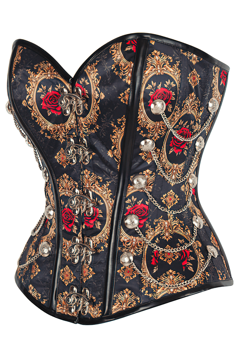 Steampunk overbust corset with red roses and gold chains, perfect for gothic or alternative fashion.