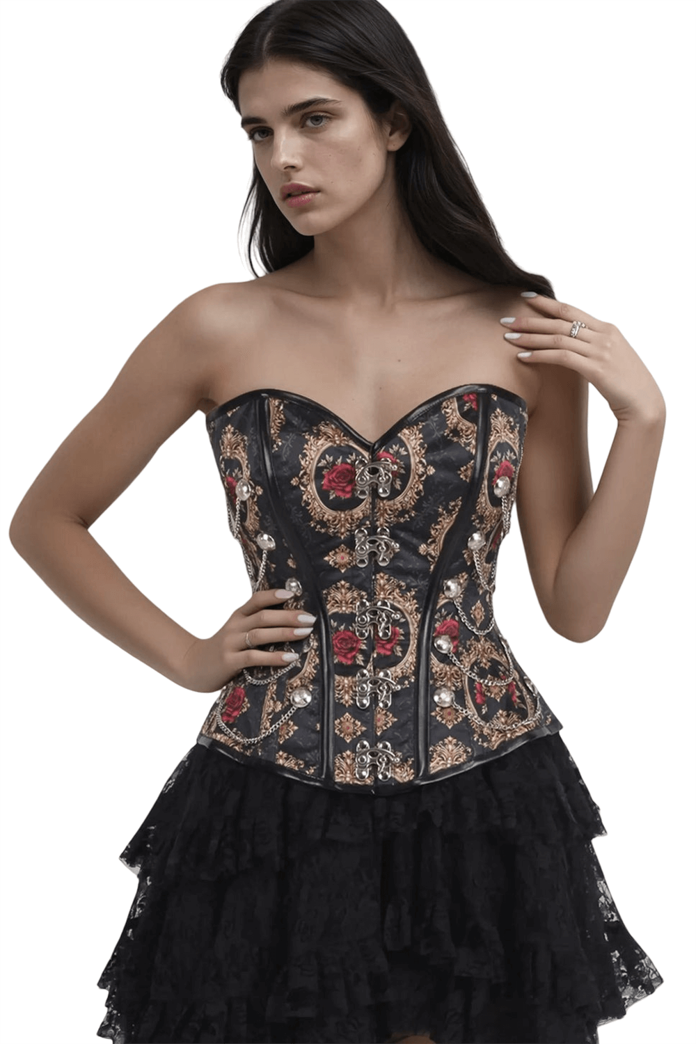 Steampunk overbust corset with red roses and gold chains, perfect for gothic and cosplay styles.