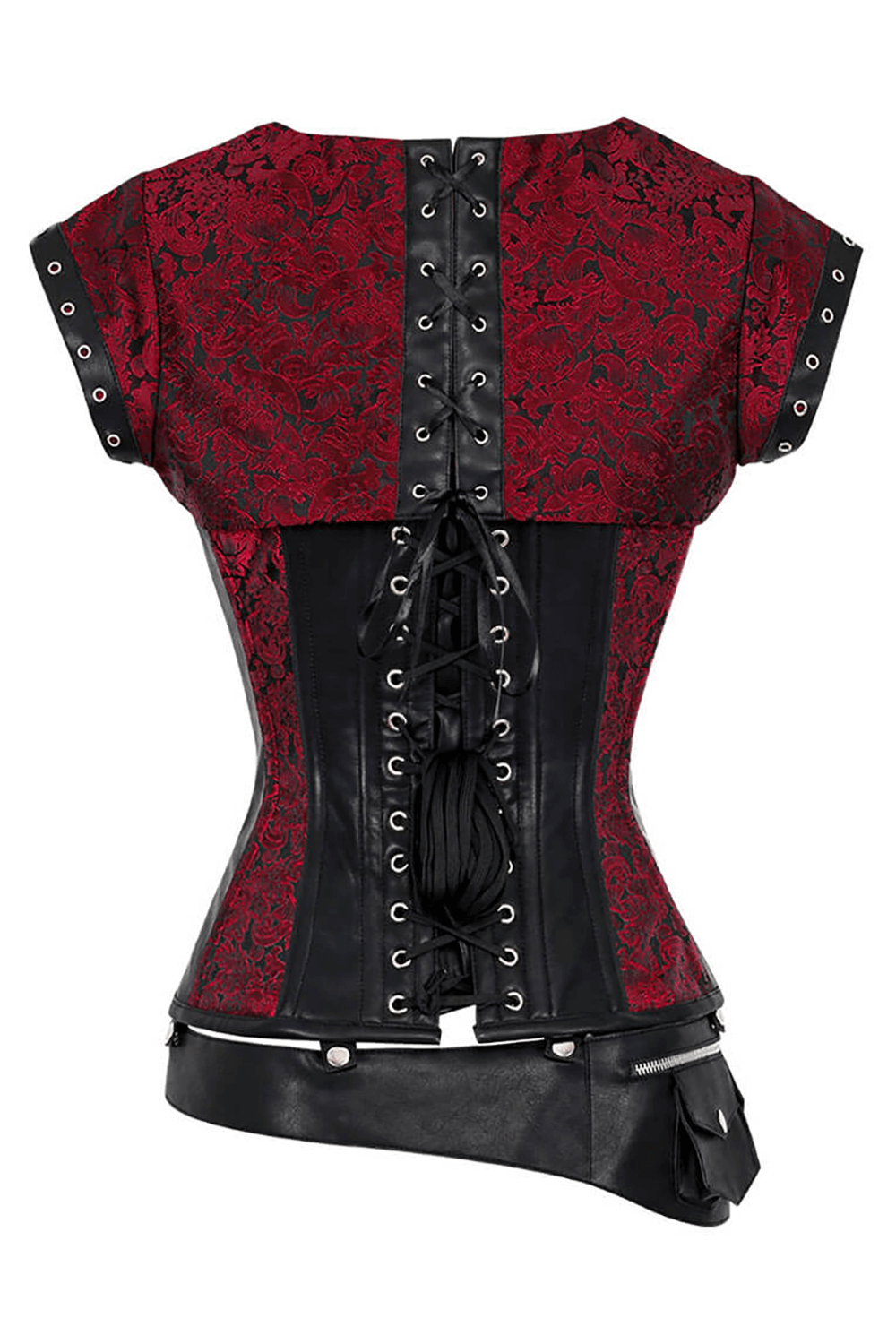 Alt Tag: Steampunk Overbust Corset with Shrug and Detachable Belt Set wine red brocade, steel boned, front zipper, back lacing, D-ring