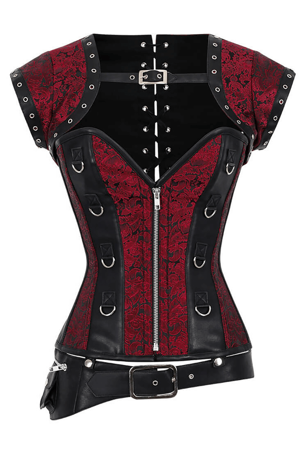 Alt Tag: Steampunk Overbust Corset with Shrug and Detachable Belt Set wine red gothic corset, steel boning, zipper front, D-ring accents