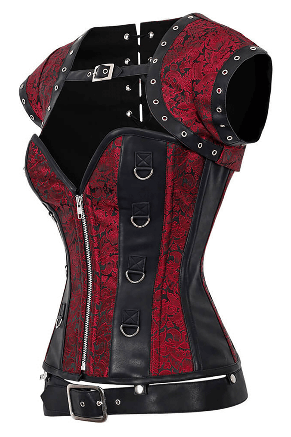 Alt Tag: Steampunk Overbust Corset with Shrug and Detachable Belt Set in wine red brocade, steel boned, front zip, D-ring accents