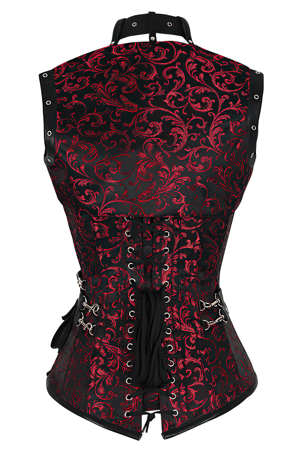 Alt Tag: Steampunk Overbust Corset with Shrug and Pouch Detail maroon-black brocade back view with lace-up corset lacing and gothic hardware