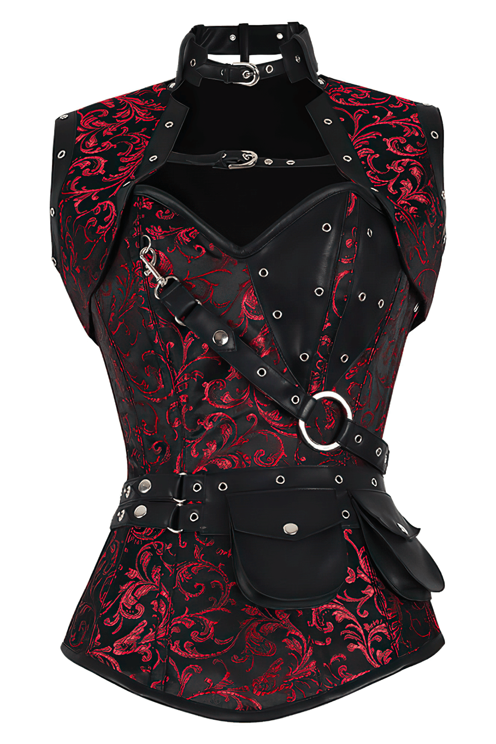 Alt Tag: Steampunk Overbust Corset with Shrug and Pouch Detail maroon-black brocade corset vest with straps, hardware, and detachable pouch