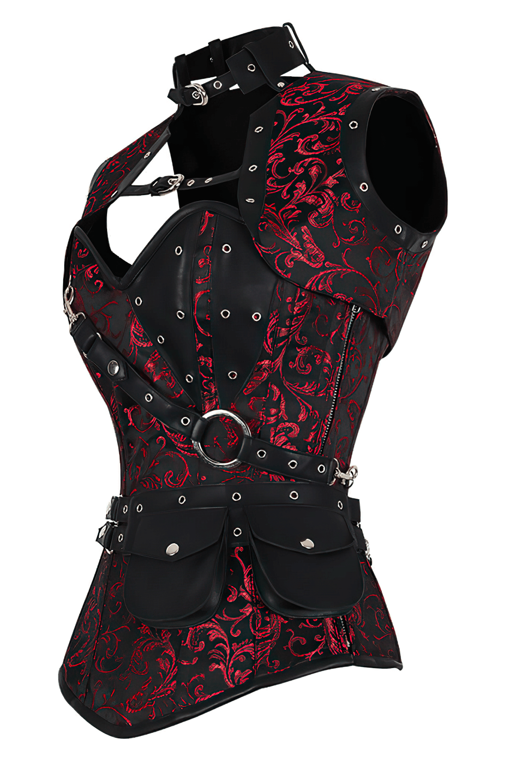 Alt Tag: Steampunk Overbust Corset with Shrug and Pouch Detail maroon-black brocade, straps, hardware, detachable pouch, gothic cosplay fit