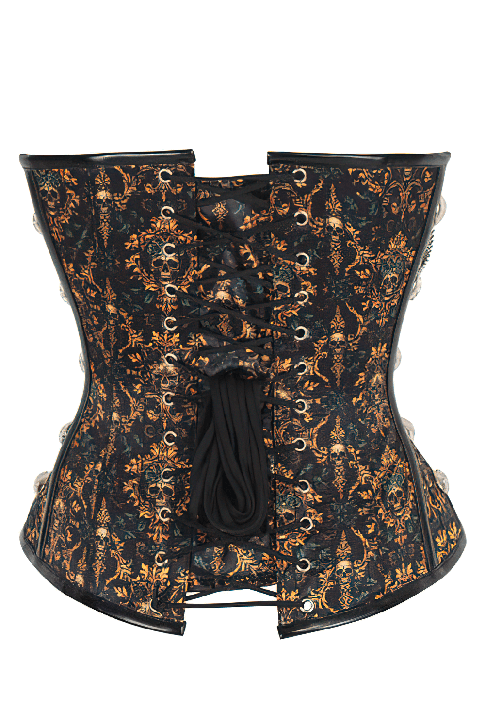 Black and gold steampunk overbust corset with skull chains, intricate design, and adjustable back lacing for a gothic look.
