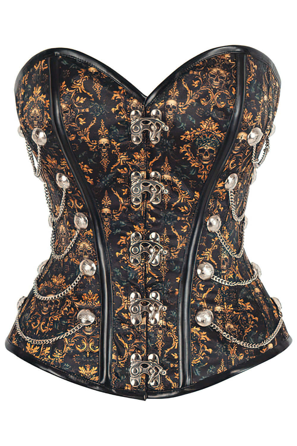 Elegant Steampunk overbust corset featuring gothic skull chains, vintage black and gold design, perfect for cosplay.