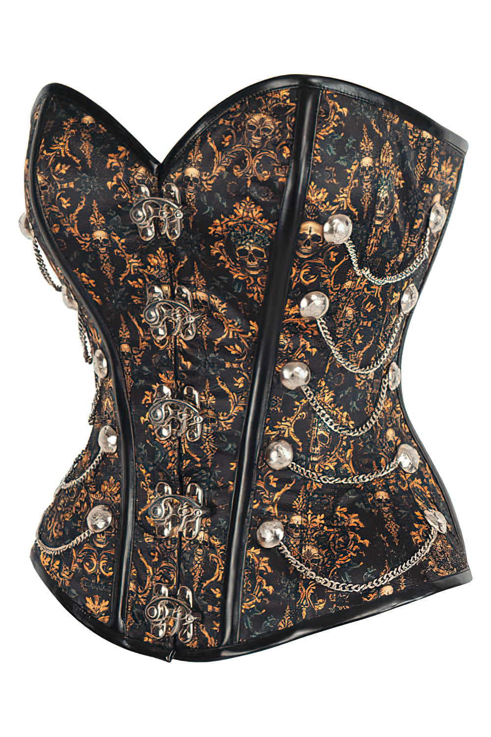 Gothic Steampunk overbust corset with intricate skull chains and gold baroque accents for cosplay.