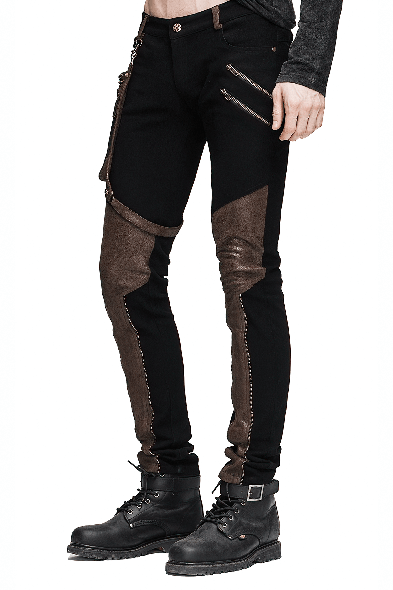 Men's steampunk black jeans with detachable side pocket and brown PU leather inserts, styled for a sleek look.