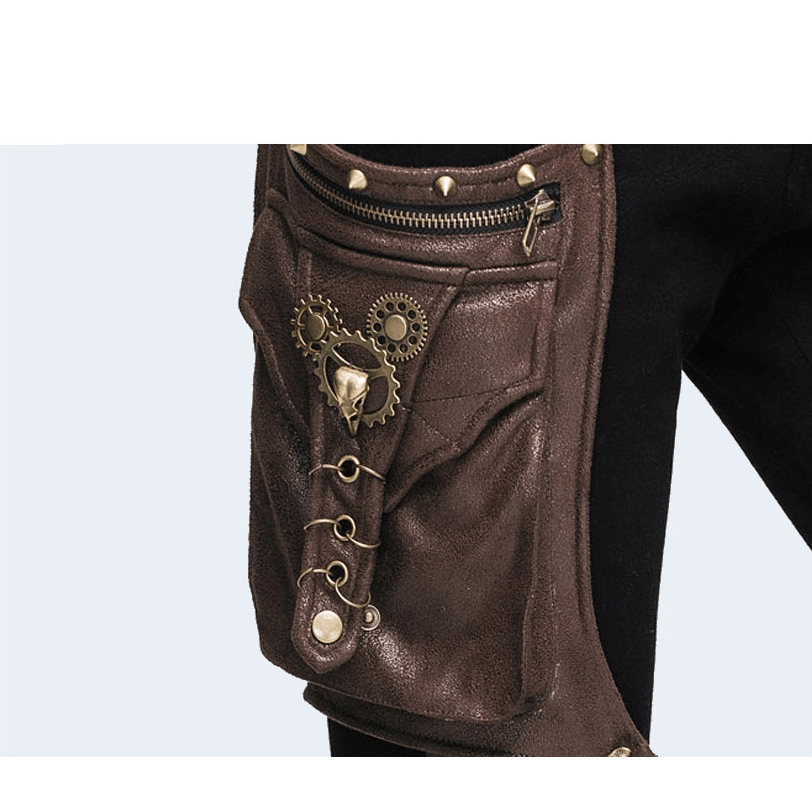 Close-up of steampunk-style detachable side pocket with gears and copper zip on men's black jeans.