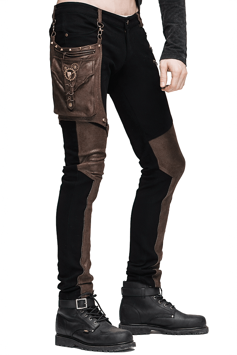 Steampunk men's black jeans with brown PU leather inserts and detachable side pocket, styled for gothic fashion.