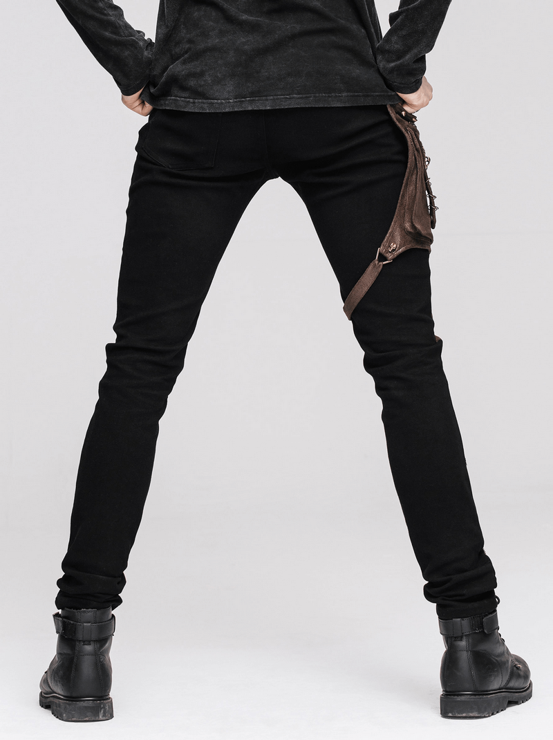 Men's black steampunk pants with detachable brown side pocket, perfect for a gothic wardrobe style.