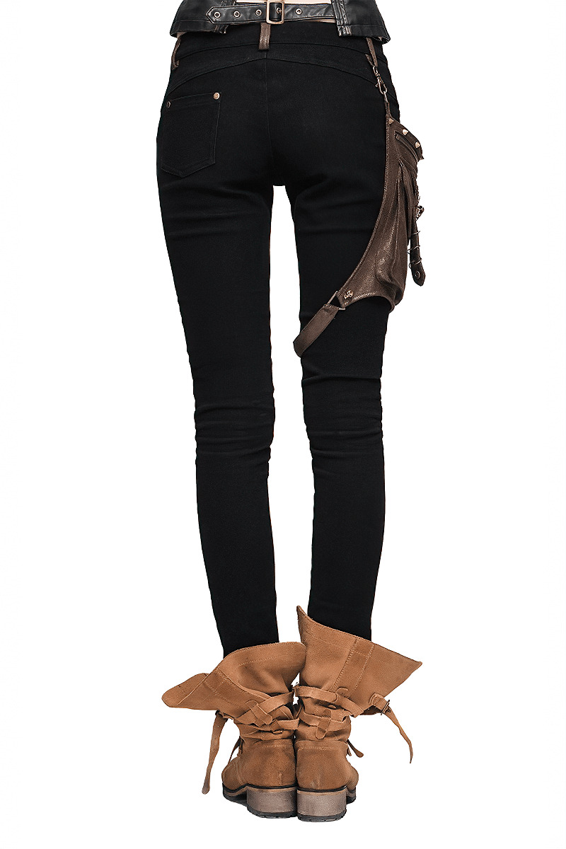 Steampunk Pants With Leather Pocket for Women / Motorcycle Stretchy Pencil Trousers - HARD'N'HEAVY