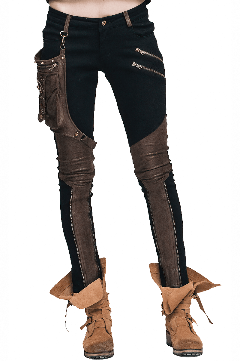 Steampunk women's black pencil trousers with leather pocket and edgy design for trendy motorcycle style.