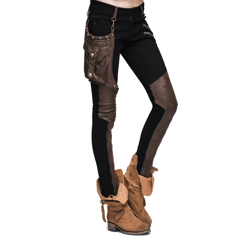 Steampunk women's pants with leather pocket, stylish stretch pencil trousers, perfect for motorcycle rides.
