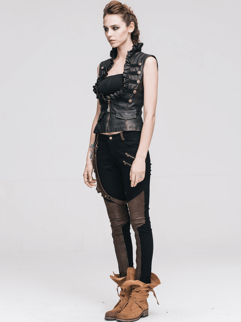 Woman in steampunk style outfit featuring a black leather vest and trendy pants with unique detailing.