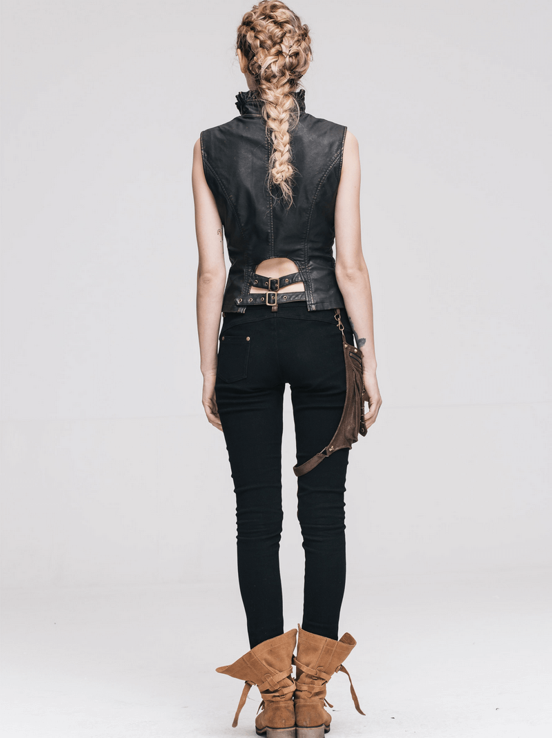 Back view of a woman in steampunk black pants with leather accents and a cropped leather top, showcasing a stylish look.